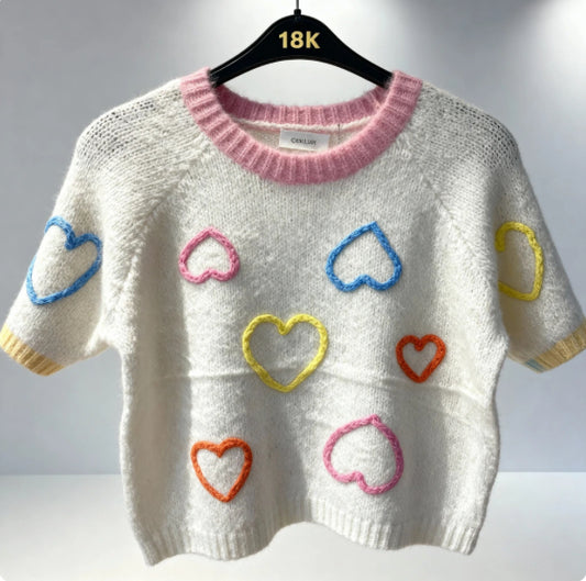 Kurzärmiliges Strickpullover mit Bunten Herzen